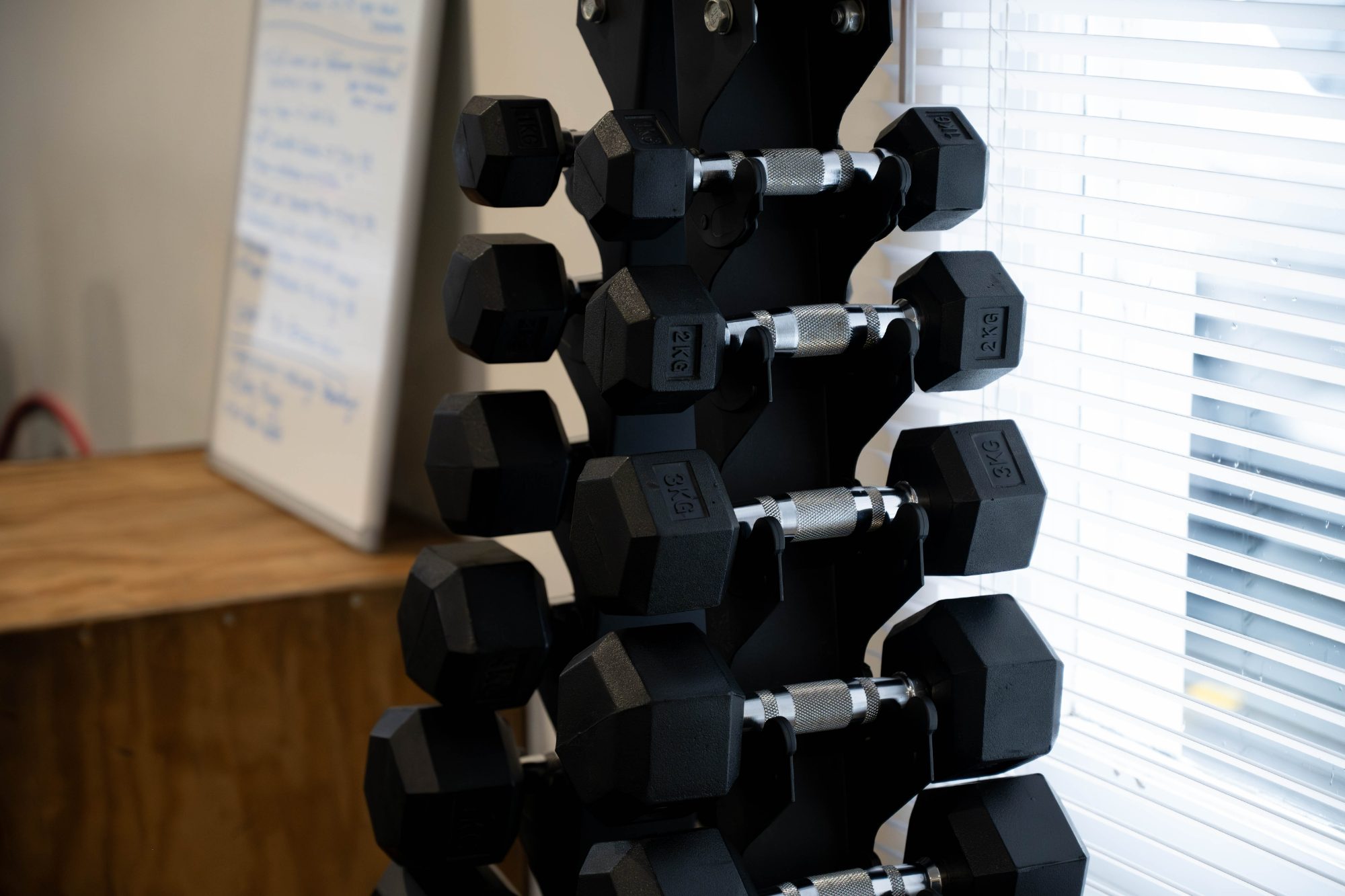 A tree of hex dumbbells beside a window
