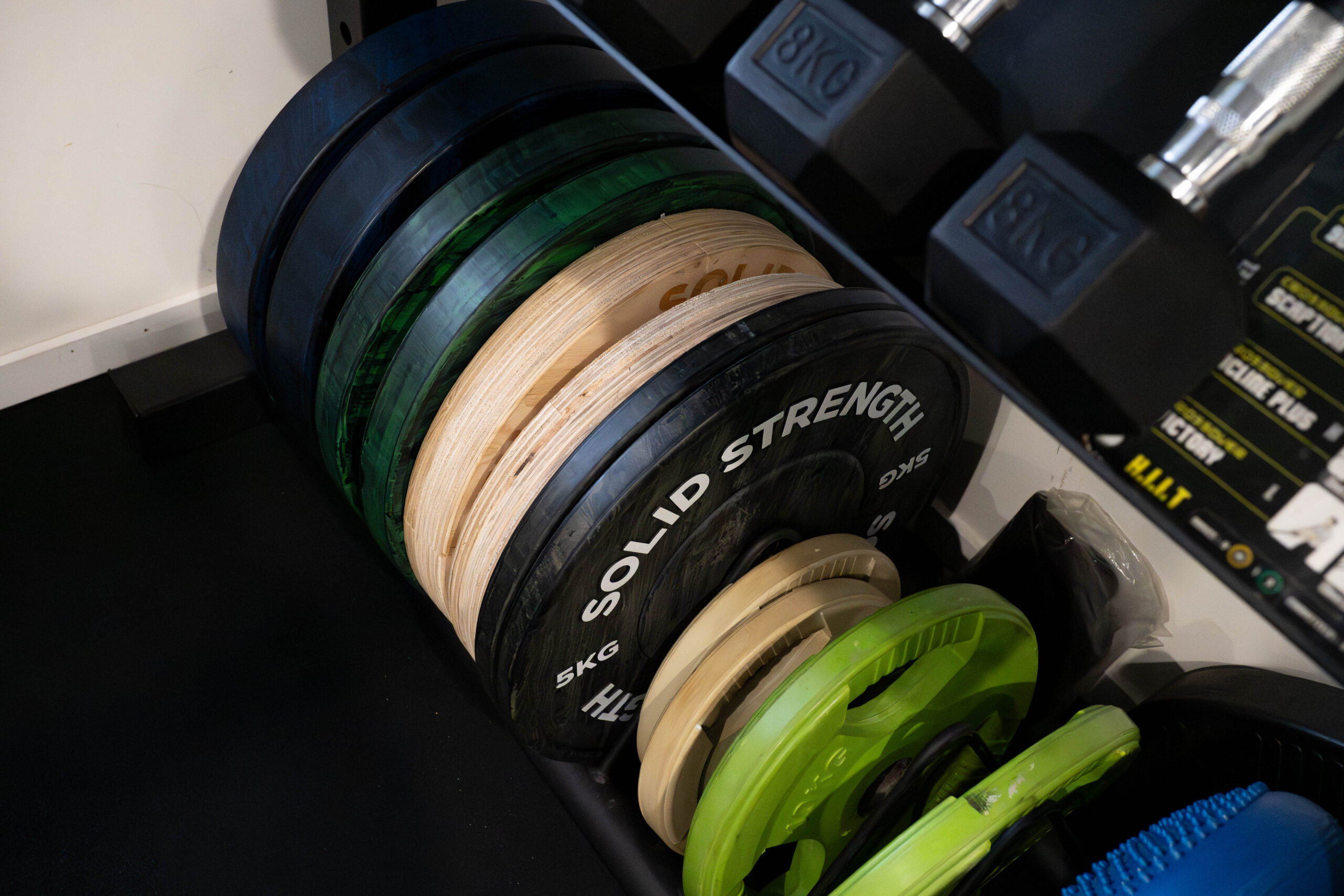 Weight plates stacked in a rack beside a row of dumbbells